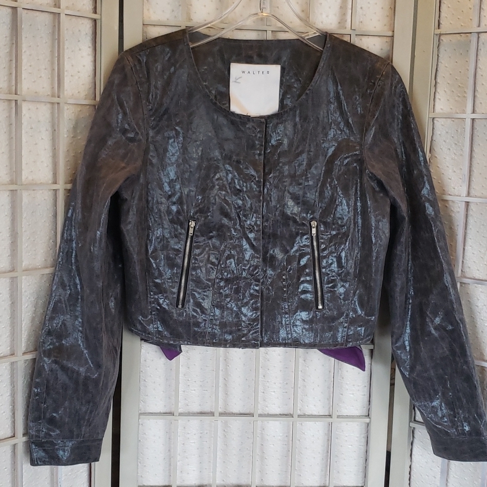 Walter Baker cropped button down ruffle nwt gray jacket 8